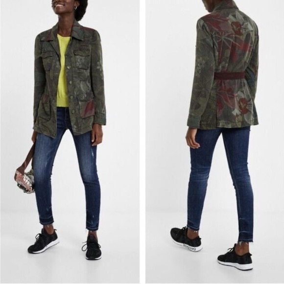 Desigual-Camoflower-Green-Camo-Belted-Military-Jacket-Sz-EU38-US-6-Small $410 - Picture 3 of 5